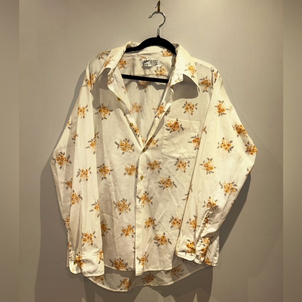 Vintage Zeller’s Floral Button Down Blouse XL Cream Cottagecore 70s Hong Kong
